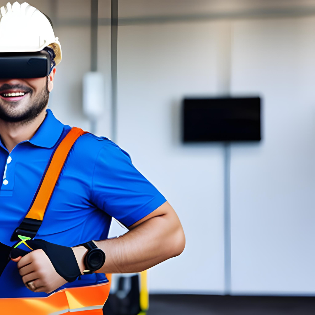 homem utilizando cinto de segurança e óculos de realidade virtual